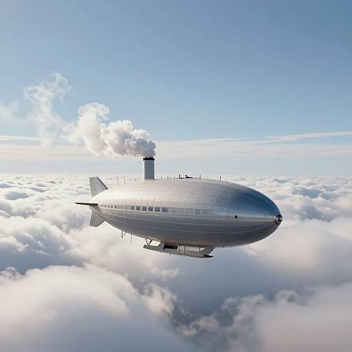Photograph of a silver Zeppelin airship flying through a bright blue sky with fluffy white clouds below, emitting a small plume of smoke from its