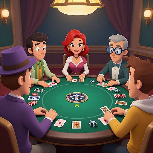 Cartoon-style image of five diverse adults playing poker around a green casino table with cards and chips under warm lighting.