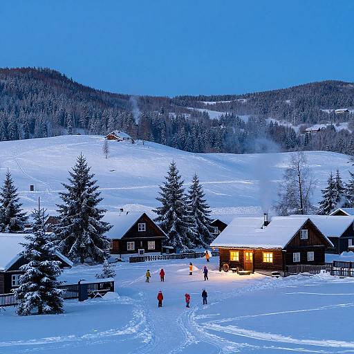 Photograph of a snowy village at dusk, with a group of colorful winter clothes-clad people walking towards warmly lit wooden chalets, surrounded by snow