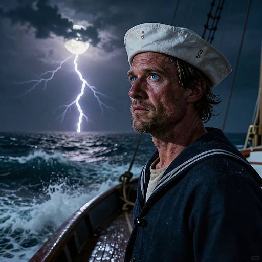 Photorealistic image of a rugged, wet, blue-eyed sailor in a white cap, staring at a dramatic lightning bolt over stormy sea.