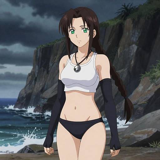 Melancholic Aerith on Storm-Lashed Cliff