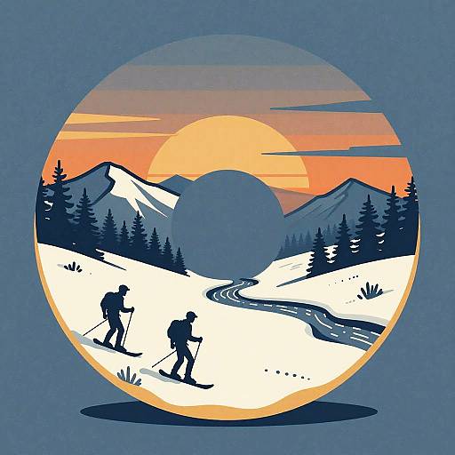 Snowshoers in Retro Panoramic Landscape