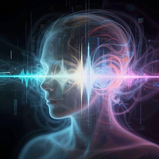 Digital CGI of a glowing, translucent female head with vibrant blue and pink electromagnetic waves crossing her forehead against a dark background.