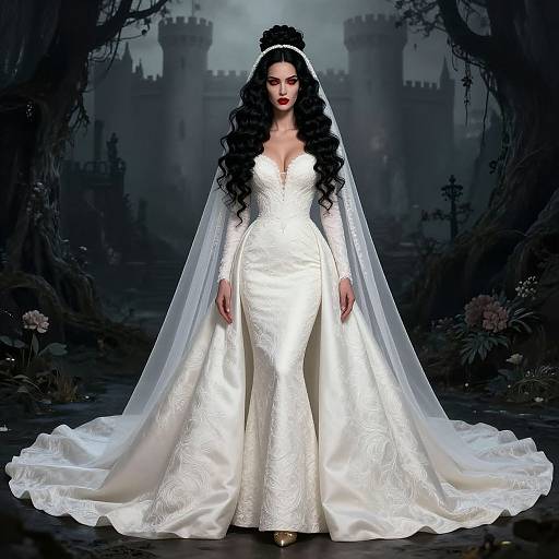 Photograph of a beautiful woman with long black curly hair in a white, lace-embellished, long-sleeve wedding gown with a flowing