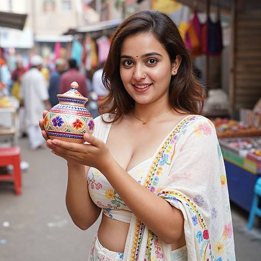 Photograph of a smiling Indian woman with medium brown skin and dark brown hair, wearing a floral white saree, holding a colorful ceramic tea pot in