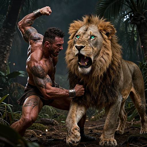 Muscular, tattooed man in loincloth wrestles fierce, roaring lion in dark jungle, his arm gripping lion's leg, intense, dramatic