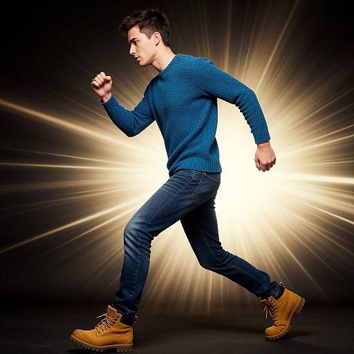 Photograph of a determined young man in a blue sweater, jeans, and tan boots, running against a bright, radiant black background.