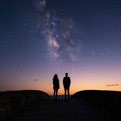 Silhouetted couple stands on a hill, gazing at a vibrant, star-filled Milky Way sky at twilight. Photographic image.