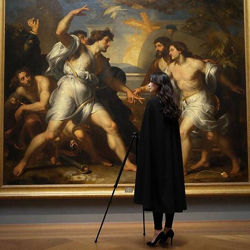 Woman Viewing Classical Painting in Museum