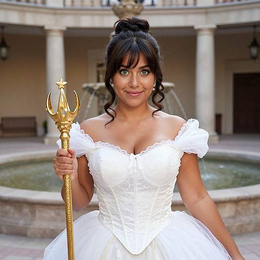 Photograph of a smiling South Asian woman with dark hair in an updo, wearing a white off-shoulder lace wedding dress, holding a golden