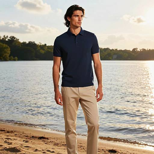 Photograph of a tall, handsome man with dark hair, wearing a navy polo shirt and beige pants, standing on a sandy beach by a calm lake
