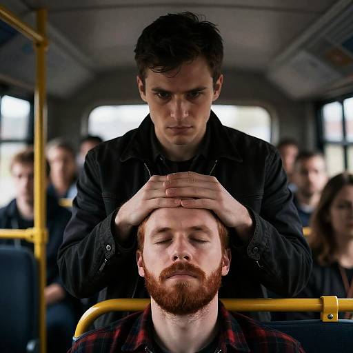 Intense Moment on a Dimly Lit Bus