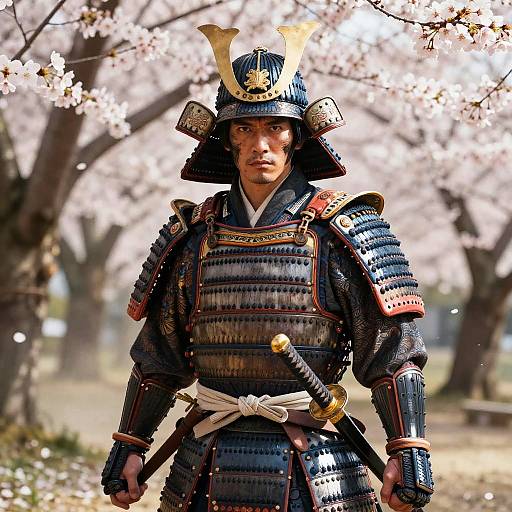 Photograph of a Japanese samurai in detailed blue and black armor with a horned helmet, standing in a cherry blossom grove. Sunlight filters