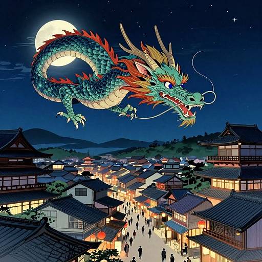 Digital anime-style drawing: A vibrant, teal dragon with red and yellow accents soars above a bustling, illuminated traditional Japanese village at night, under a