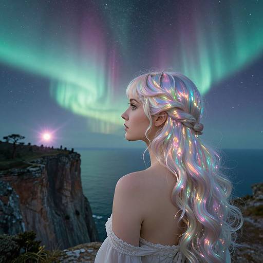 Photograph of a fair-skinned woman with long, iridescent, rainbow-hued hair gazing at the Northern Lights over a rocky cliffside