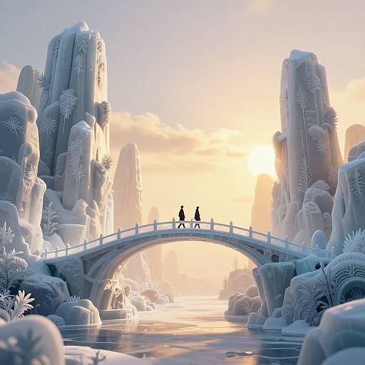 Digital artwork of a snowy, ethereal landscape with two silhouetted figures on a white bridge, surrounded by ice-encrusted rock formations