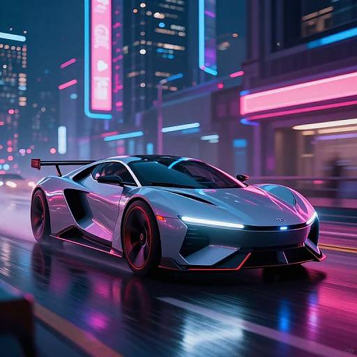 Neon-lit cyberpunk cityscape: sleek, white, futuristic sports car with glowing blue and pink accents speeding on wet, reflective road.