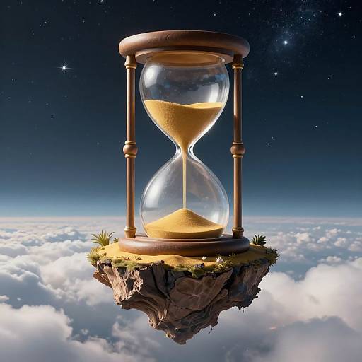Digital artwork of a glowing hourglass on a floating rock with grass, set against a starry night sky and clouds.