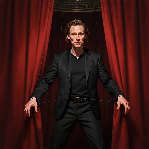 Photograph of a serious, fair-skinned man with wavy brown hair in a black suit, holding red curtains apart with tense hands, standing in