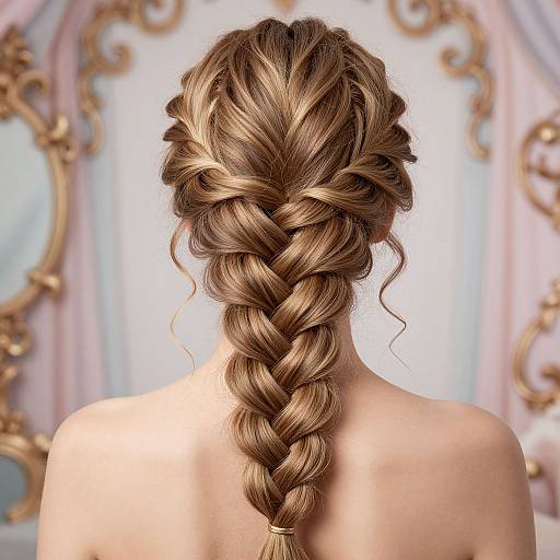 Photograph of a woman with long, intricately braided brown hair, viewed from the back, against a blurred, ornate, pastel-colored