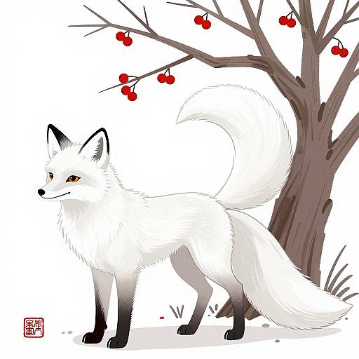 Enchanting White Fox with Curved Tails