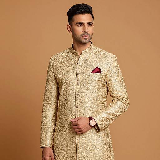 Photograph of a handsome man with short black hair, wearing a gold embroidered traditional Indian sherwani, red pocket square, and wristwatch, against