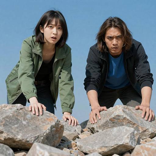 Dynamic Climbing Duo Against Blue Sky