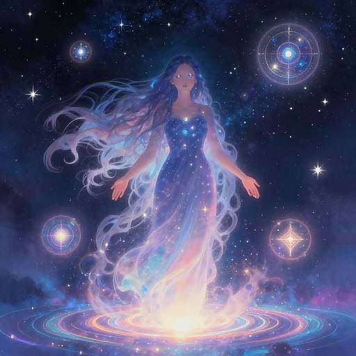 Digital fantasy artwork of a celestial woman with long flowing blue hair, wearing a glowing blue dress, standing on a magical glowing platform surrounded by starry space