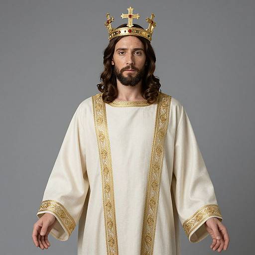 Photograph of a bearded man with long brown hair, wearing a golden crown and white, gold-embroidered robe, standing against a gray