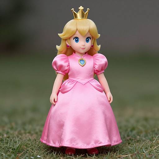 Photograph of a Princess Peach doll with blonde hair, blue eyes, gold crown, pink dress, and green necklace, standing on grass.