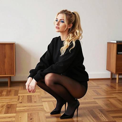 Blonde Woman in Black Sheer Tights