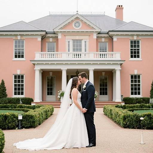 Photograph of a bride in a white strapless gown and veil, kissing a groom in a black tuxedo, standing in front of a pink