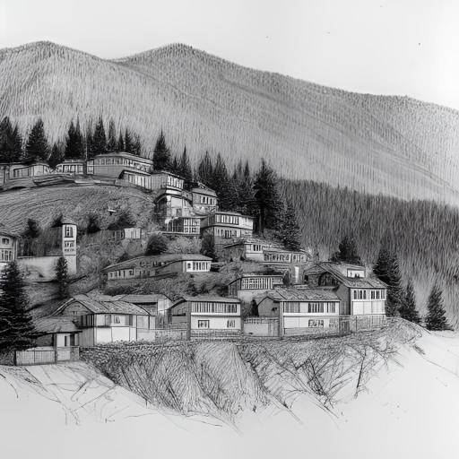 Graphite Travel Sketch of Hillside Rooftops