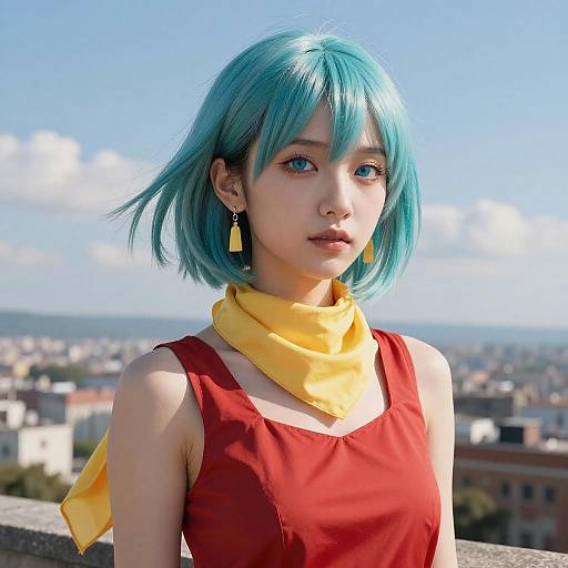 Young Woman with Aqua Hair in Red Dress