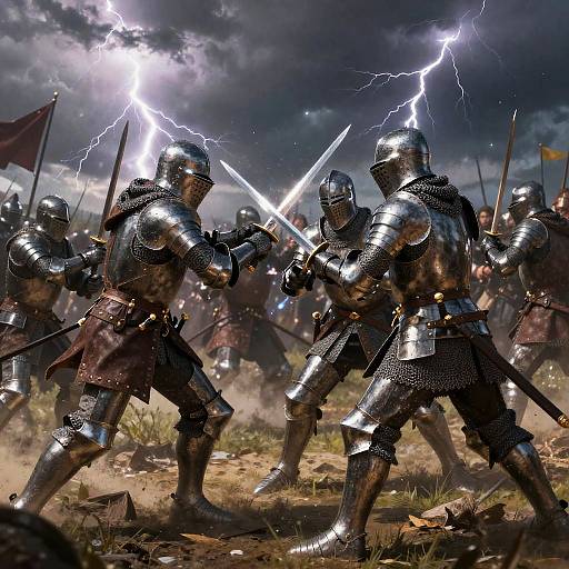Photograph of medieval knights in shiny silver armor clashing with swords under a stormy sky, illuminated by bright lightning flashes.