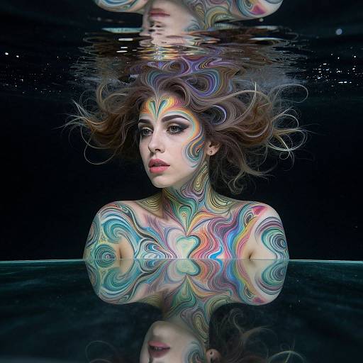 Digital artwork of a woman with swirling, colorful tattoos on her face, shoulders, and chest, floating underwater, reflecting above. Dark background, ethereal