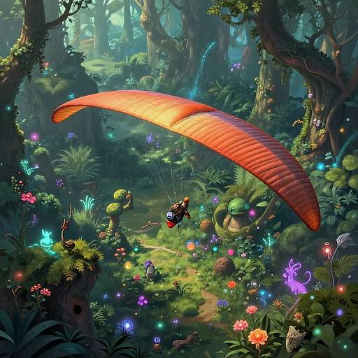 Fantasy forest scene: vibrant, glowing flowers, lush greenery, red parachute, adventurer in black outfit, colorful luminescent creatures, sunlight filtering