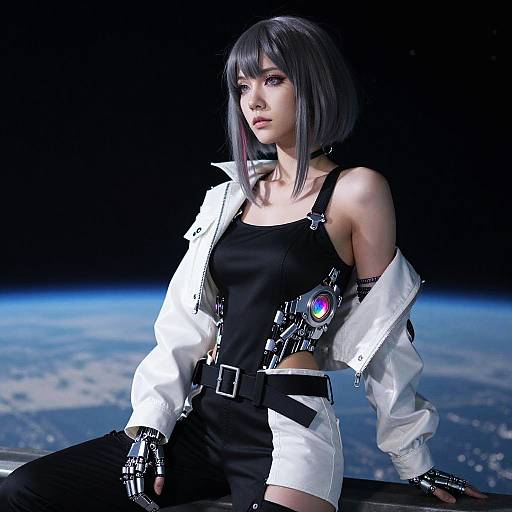 CGI image of a sleek, black-haired woman in a white jacket, black tank top, and futuristic gear, sitting against a cosmic background.