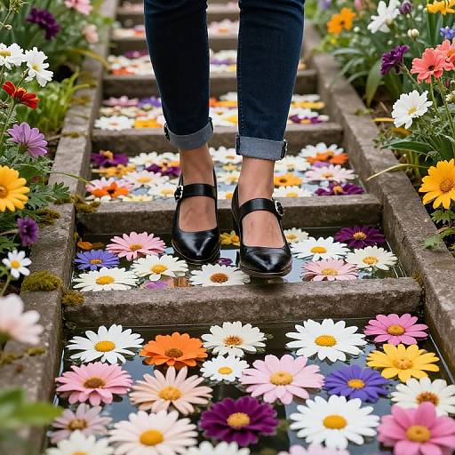 Photograph of feet in black Mary Jane shoes, wearing rolled blue jeans, walking on stone steps covered in colorful daisies.
