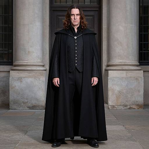 Photograph of a serious man with long brown hair, wearing a black medieval-style cloak and buttoned tunic, standing in front of a stone building
