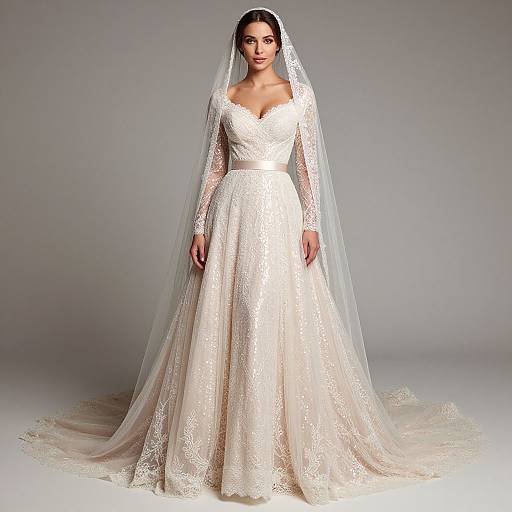 Photograph of a beautiful woman in a white, lace, long-sleeve wedding dress with a deep V-neck and flowing veil, standing against a