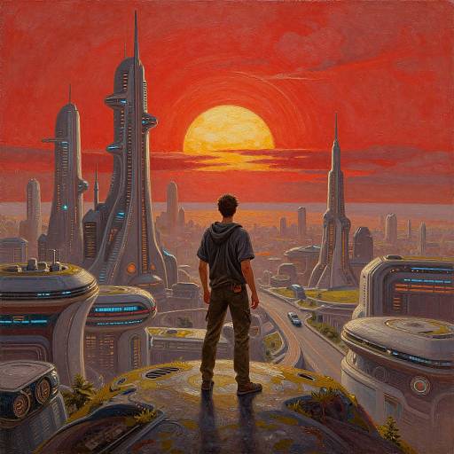 Digital painting of a man in a gray shirt and brown pants, standing on a hill, watching a red sunset over futuristic skyscrapers. Vibrant