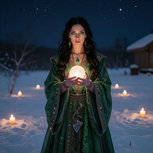 Photograph of a dark-haired woman in a green, ornate medieval dress holding a glowing orb, surrounded by candles in a snowy night landscape.