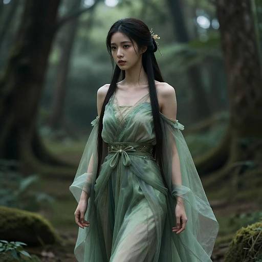 Digital painting of an ethereal Asian woman with long black hair, wearing a translucent green dress, in a misty forest.