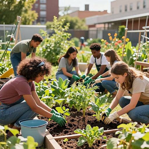 Photograph of five diverse young adults, wearing gloves and casual clothes, planting vegetables in a sunny community garden, surrounded by lush greenery and urban buildings