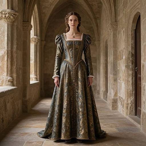 Medieval woman in ornate, dark green Renaissance gown with gold embroidery stands in stone archway corridor, sunlight streaming from left.
