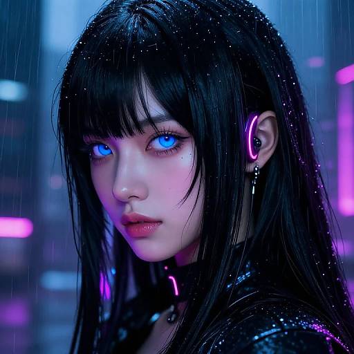 Cyberpunk-style digital artwork of a pale-skinned woman with glowing blue eyes, black wet hair, neon pink earpiece, and glowing necklace,