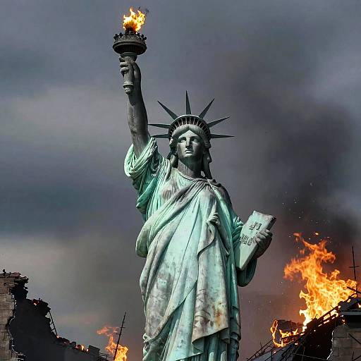 Photograph of the Statue of Liberty with a torch flame, surrounded by intense orange flames and dark smoke, against a stormy sky.