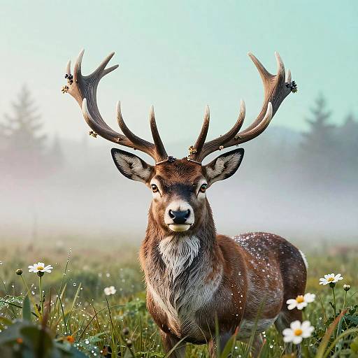 Photorealistic image of a majestic, brown stag with large antlers standing in a misty meadow, surrounded by white daisies and green