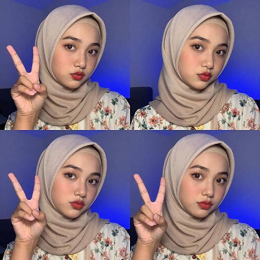 Confident Woman in Beige Hijab Peace Sign